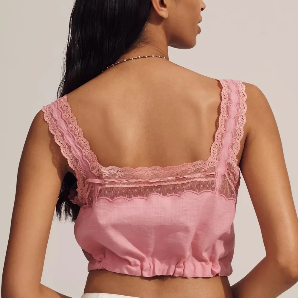 Forever That Girl Lace Square-Neck Bubble Tank Top Cropped Pink Blouse M NWT - Picture 2 of 5